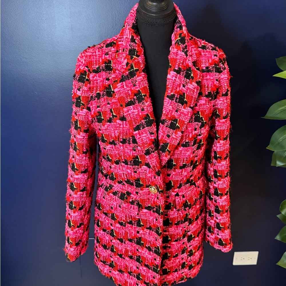 Stylish Pink and Black Women's Tweed Jacket